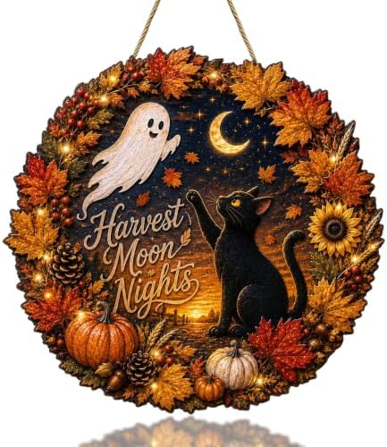 Halloween Harvest Moon Nights Fall Wreath Sign, Black Cat Ghost Wood Decor by Unknown