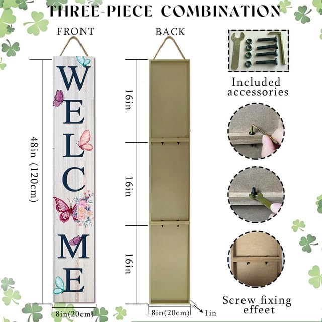 Welcome Spring & Summer Flowers & Butterflies Porch Board 8”x48” Wood Welcome Standing Sign for Front Door Porch Indoor Outdoor Farmhouse Rustic Vertical Porch and Yard Decor - Image 3