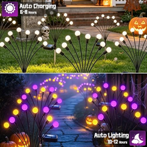 Kohlrabi Halloween Decorations Outdoor, 6 Pack 48 LED Purple and Orange Solar Firefly Lights Waterproof, Sway by Wind, Solar Wind Swaying Light for Garden Yard Patio Pathway Decoration - Image 3