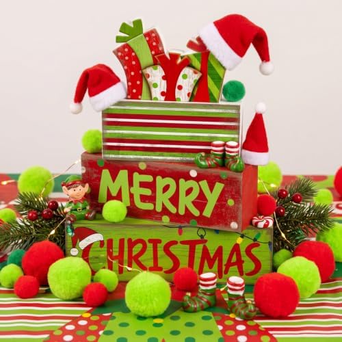 Lineshading 4 Pcs Christmas Table Decor - Red Green Gift Box Wooden Blocks - Image 6