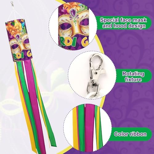 NOVWANG 2 Pieces Mardi Gras Wind Sock, 40 Inch Wind Socks Mardi Gras Outdoor Decorations Purple Green Yellow Holiday Windsock Flags for Yard Garden Home Party Hanging Decor - Image 3