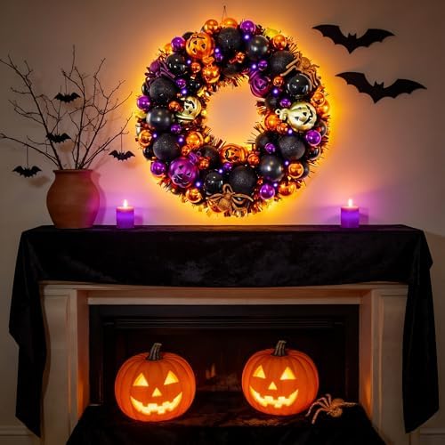 HipTree 13.8 Inch Halloween Ball Wreath for Front Door with Lights - Image 4