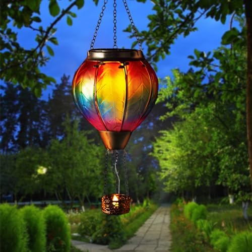 Starsoul Hot Air Balloon Solar Lantern with Candle Holder Flickering Flame Hanging Garden Light Waterproof Glass Solar Lanterns Outdoor Waterproof Decorative for Lawn Porch Tree Yard - Image 5