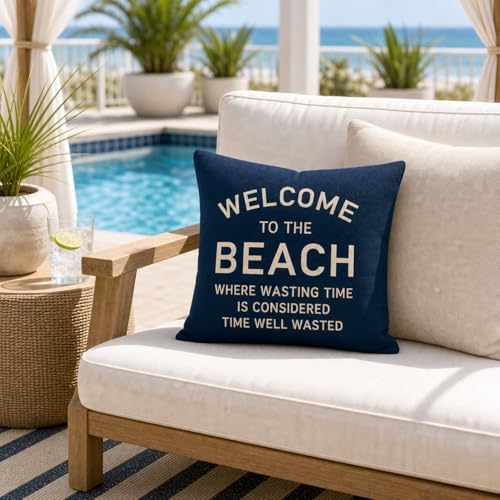 PANDICORN 18x18 Inch Throw Pillow Cover, Welcome to the Beach, Navy Blue - Image 3
