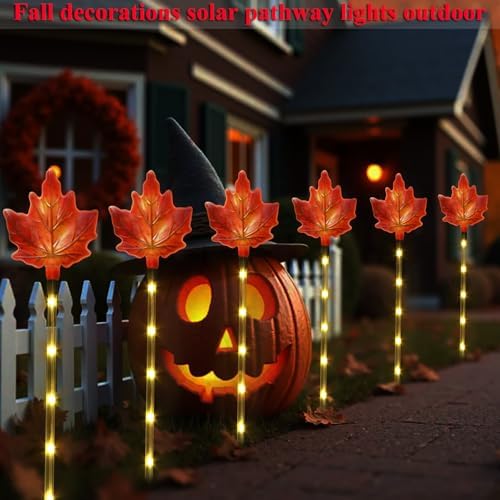 Fall Decor Solar Pathway Lights Outdoor Thanksgiving Decorations, 6 Pack Fall Leaves Solar Thanksgiving Maple Leaf Garden Stake Lights for Outside Patio Yard Wedding Party Autumn Decor - Image 7