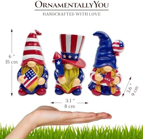 OrnamentallyYou Spring & Summer-Themed Garden Statues – Adorable Outdoor Decor for Lawn, Patio & Porch (Patriotic Gnome Trio Figurines, 6" Set of Three Garden Statues and July 4th Decoration) - Image 4