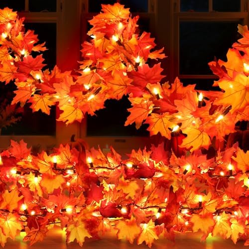 2 Pack Fall Decorations Lighted Fall Garland, 9FT 50 Count Incandescent Lights Brown Wire UL Certified Connectable Maple Leaves String Lights for Home Fireplace Mantle Thanksgiving Decor by Efunly