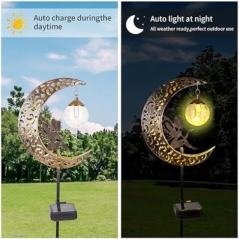 Solar Garden Lights Outdoor Decor,Moon Fairy Crackle Glass Lights,Waterproof Warm White LED Metal Stake Ornament,for Walkway Backyard Patio Lawn Pathway Decorations-Unique Gift Ideas for Gardening - Image 5