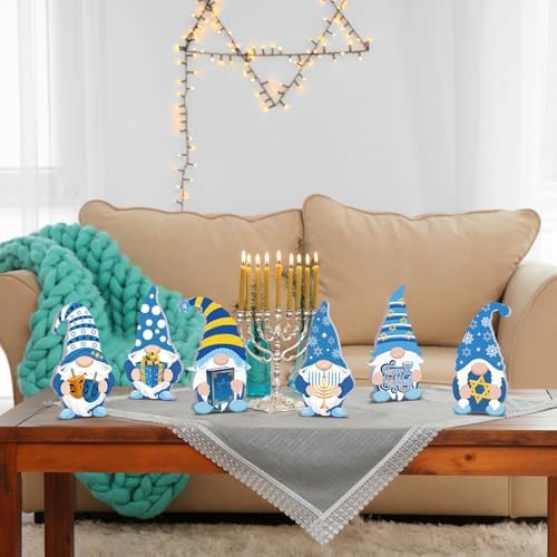 Tradder 6 Pieces Hanukkah Gnomes Decorations Wooden Chanukah Gnomes Signs Table Centerpieces Jewish Wood Blocks Gifts Ornaments for Holiday Party Supplies Home Tiered Tray - Image 4