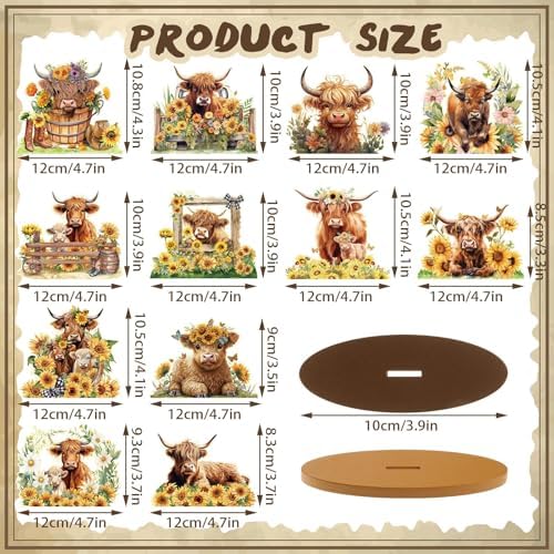 Wesiti 12 Pcs Highland Cow Table Decoration Wooden Highland Cow Centerpiece for Table Spring Summer Sunflower Farm Animal Tabletop Sign Decorations for Birthday Party Decorations Baby Shower Supplies - Image 3