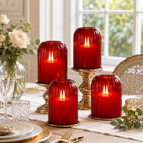 Lezonic Red LED Flameless Candles, 4 Pcs Glass Battery Operated Pillar Candles with Remote, Dancing Flickering Flame Real Wax, Home Decor for Wedding, Halloween, Christmas, & Holiday Table Centerpiece - Image 2