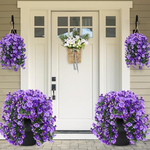 Sggvecsy Artificial Fake Hanging Flowers Plants Outdoor Outside Spring Summer Decoration 2PCS Faux Silk UV Resistant Morning Glory Trailing Vines for Home Porch Patio Balcony(Purple & Light Purple) - Image 2