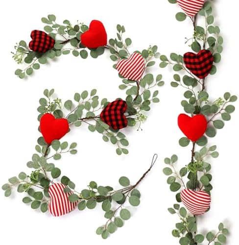Zeyune 6ft Valentine's Day Decor Heart Long Garland for Mantel Artificial Eucalyptus Leaves and Fabric Hearts for Valentine Front Door Kitchen Fireplace Home Indoor Outdoor by Zeyune
