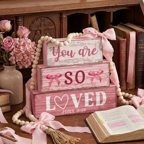 Yuntau 4 Pcs Pink Christian Table Decor Wooden Bow Decor Blocks Sign - Image 4