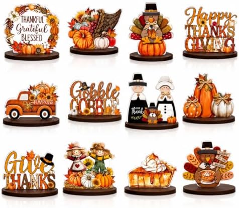 12 Pcs Fall Thanksgiving Table Decor Turkey Scarecrow Wooden Centerpiece by Amyhill