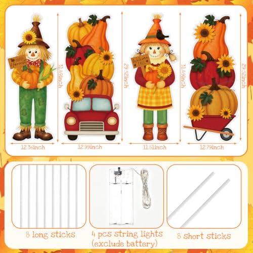 4 Pcs Fall Outdoor Decorations Metal Pumpkin Scarecrow Yard Sign with LED - Image 3