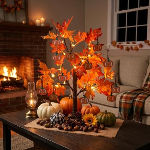 hogardeck Fall Decorations for Home, Thanksgiving Decorations, 24”2FT Lighted Maple Leaves Tree with 24 LEDs & 12 Wood Pumpkin Ornaments, Battery Powered Timer Artificial Trees for Autumn Table Decor - Image 2