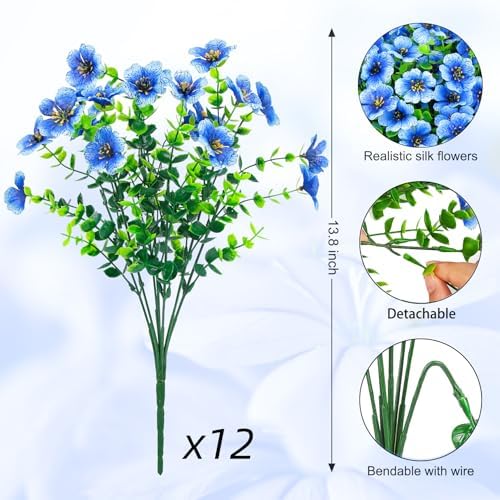Ouddy Decor 12 Pcs Artificial Flowers for Outdoors Decorations, Blue - Image 2