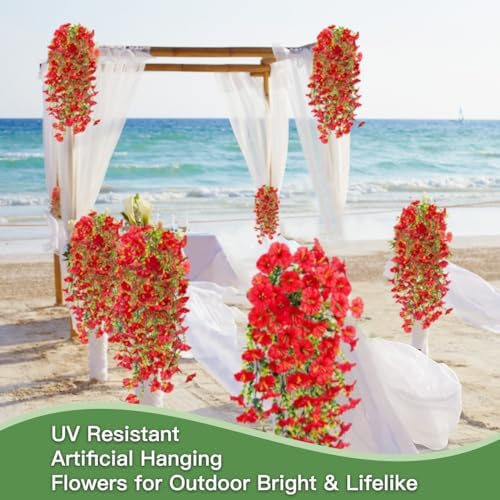 Artificial Flowers for Outdoors Fake Morning Glory Hanging Flower Decoration, 4 Pcs Realistic Faux Plants Petunias Trailing Vines, Spring Summer Decor for Porch Patio Balcony Planter Yard(Red) - Image 5