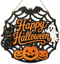 Happy Halloween Door Sign, Wooden Spider Web Front Door Hanger with Black Cat, Ghost & Pumpkins, Farmhouse Halloween Decorations for Front Door, Porch, Entryway, Wall Decor, Seasonal Hanging Sign by MusemoryCreations