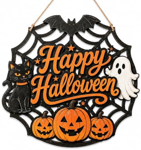 Happy Halloween Door Sign, Wooden Spider Web Front Door Hanger with Black Cat, Ghost & Pumpkins, Farmhouse Halloween Decorations for Front Door, Porch, Entryway, Wall Decor, Seasonal Hanging Sign by MusemoryCreations