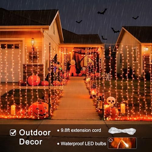 JMEXSUSS 300LED Orange Halloween Curtain Lights with Remote, 9.8x9.8ft - Image 5