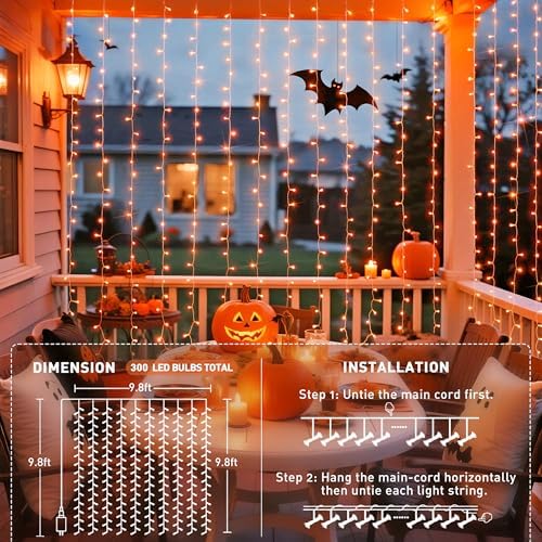 JMEXSUSS 300LED Orange Halloween Curtain Lights with Remote, 9.8x9.8ft - Image 6