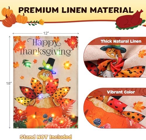 Lighted Thanksgiving Turkey Garden Flag 12 x 18 Inch Double Sided Outside,Solar Light Up Happy Thanksgiving Decorative Yard Flag Holiday Outdoor Decoration - Image 4