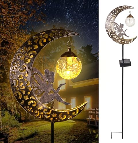 Solar Garden Lights Outdoor Decor,Moon Fairy Crackle Glass Lights,Waterproof Warm White LED Metal Stake Ornament,for Walkway Backyard Patio Lawn Pathway Decorations-Unique Gift Ideas for Gardening by QOCNAM