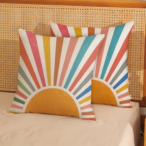 Summer Pillow Covers 20x20 Set of 2 Colorful Stripes Yellow Sunshine Decorations Outdoor Throw Pillows Boho Rainbow Sun Pillowcase Linen Decor Modern Farmhouse Cushion Case for Home Bedroom - Image 2