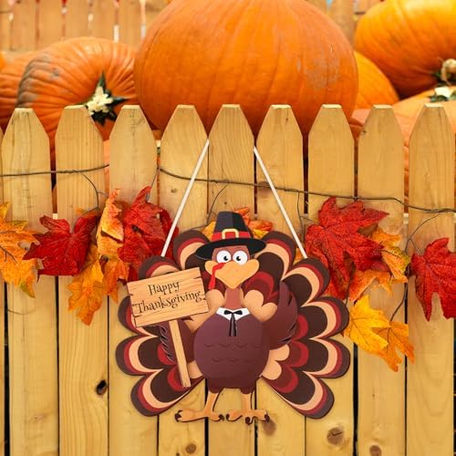 COCHIE Thanksgiving Decorations Turkey Wooden Wreath for Front Door, Give Thanks Signs Hanging Decoration, Fall Harvest Pumpkin Wall Windows Outdoor Outside Porch Hanger Decor (Turkey B) - Image 6