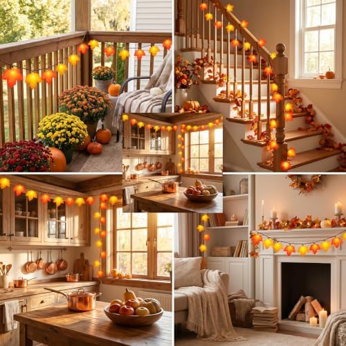 12 Ft Fall Thanksgiving Decor Maple Leaf Lights, Fall String Lights Plug In with 20 LED Orange Maple Leaf Light, Fall Leaves Light Indoor Outdoor for Home Fireplace Party Harvest Thanksgiving Decor - Image 3