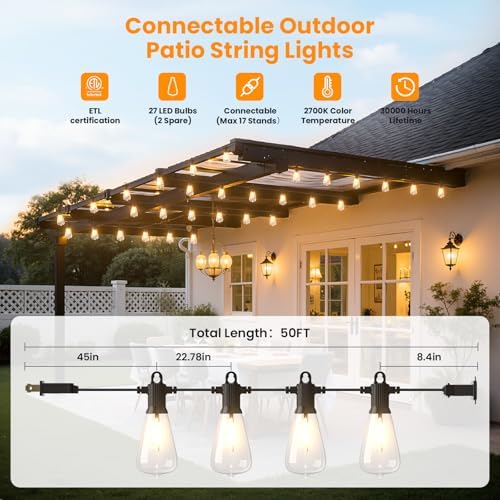 ZOTOYI Outdoor String Lights，50FT Patio Lights with 27 Vintage Edison Bulbs (2 Spare)，ST38 Waterproof Outside Hanging Light for Backyard, Bistro, Cafe, Gazebo, Porch Decor, Dimmable 2700K - Image 3