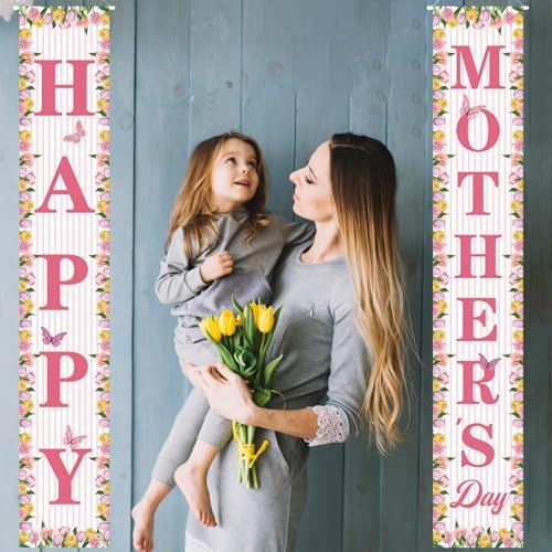 71 x 12 Inches Happy Mother's Day Door Banner Porch Sign for Doorway Yard, Floral Tulips Butterflies and Stripes Theme Decor, Outdoor Indoor Front Door Wall Large Hanging Welcome Sign Party Decoration - Image 5