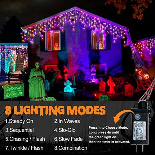 Halloween Icicle Lights Outdoor, 512 LED 46.5 FT 8 Lighting Modes with Timer & Memory, Curtain Fairy String Lights With 96 Drops for Halloween Decorations Holiday Party Eaves Yard (Purple & Orange) - Image 4