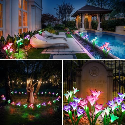 KOOPER Outdoor Solar Lights, 10 Pack Solar Garden Light with Bigger Lily Flowers, Waterproof 7 Color Changing Solar Lights Outdoor - Bigger Panel for Patio Yard Garden Decoration, Gift for Mom - Image 6