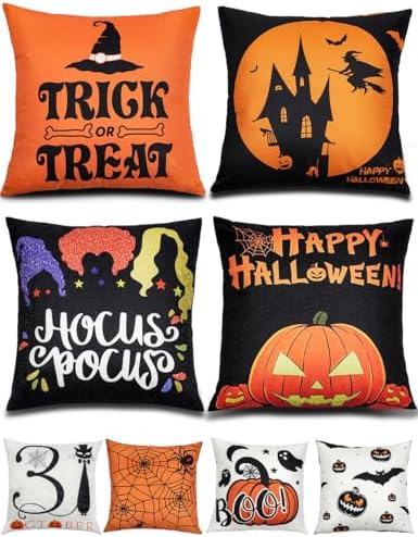 TOYPOPOR Halloween Decorations Double-Side Printing Pillow Covers 16'' x 16'' Set of 4, with 8 Cute Halloween Decor Patterns, Invisible Zipper, Durable Soft Linen Throw Pillow Covers Outdoor Indoor by TOYPOPOR