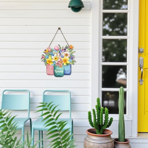 Harooni Hello Spring Summer Welcome Sign for Front Door Spring Flower with Jar Colorful Hanging Wreath 11.8"x11.8" Butterfly Floral Farmhouse Wood Sign Front Door Decor Hanging Sign for Indoor Outdoor - Image 3