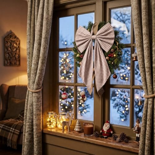 Suncalla 2 Pcs Khaki Christmas Gingham Wreath Bows 18'' x 12'' - Image 5