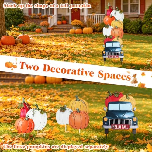 VCUTEKA Fall Outdoor Yard Sign, Stacked Pumpkin Truck Garden Stake Decor - Image 3