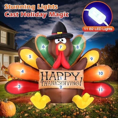 6FT Thanksgiving Inflatables Turkey Decor with Pilgrim Hat & Colorful Tail - Image 3