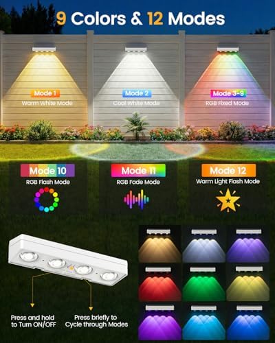JOFIOS Fence Lights Solar Powered, 9 Fixed Colors ＆ Color Changing White Fence Lights Waterproof IP65 Dusk-to-Dawn LED Deck Lighting for Patio, Railing, Pool, Porch, Backyard, Wall, 12 Pack - Image 2