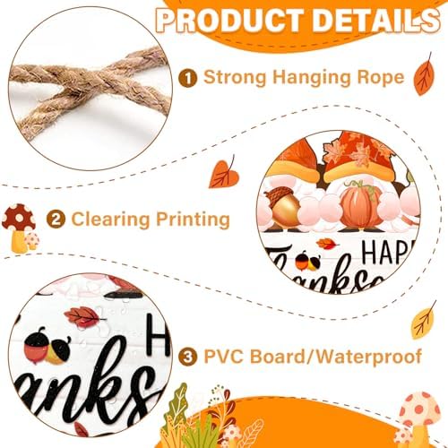 Happy Thanksgiving Door Sign Decorations - Thanksgiving Gnomes Wreath Sign for Front Door Gnomes Thankful Fall Autumn Wall Decorations for Home Indoor Outdoor Decor - Image 4