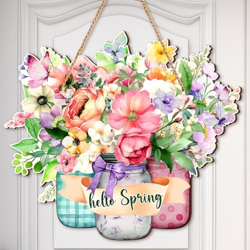 Ferraycle Rustic Spring Wooden Door Sign Spring Welcome Sign Colorful Flower Decor Ideal for Indoor Outdoor Home Decor Porch Entryway Wall Art, Housewarming Gift Seasonal Farmhouse Decoration by Ferraycle