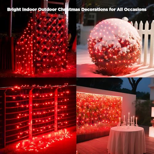 Led Net Lights Christmas Lights Outdoor 200Leds 9ft x 6ft Upgraded Red Christmas Net Lighting, Waterproof 5mm LED Wide Angle Outdoor Indoor Mesh Net Light for Trees, Bushes, Shrubs Decorations - Image 6