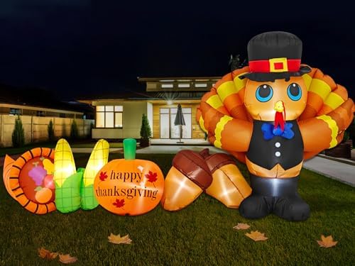 9FT Long Thanksgiving Inflatables Turkey Outdoor Decorations Blow Up Turkey Yard Inflatable with Pumpkin Corn Cornucopia Built-in LED Lights Thanksgiving Day Parade Fall Lawn Garden Outside Decor by arnoog