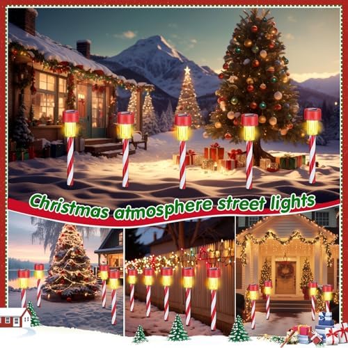 Honoson 6 Pcs Christmas Solar Pathway Lights Outdoor - Candy Cane Xmas Decorative IP65 Waterproof Lights for Patio, Lawn, Yard, Landscape, Driveway, Path, Party Decor - Warm Lights - Image 7
