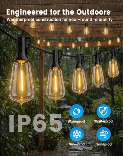 60FT(50+10) String Lights Outdoor, 2FT Bulb Spacing, Waterproof Shatterproof Warm White ST38 LED Edison Bulbs, Extension Cord, Plug in Connectable Hanging Patio Lights for Outside, Backyard - Image 3