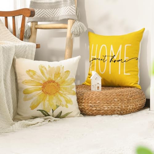 AVOIN colorlife Home Sweet Home Spring Summer Flowers Yellow Throw Pillow Covers, 20 x 20 Inch Cushion Case for Sofa Couch Set of 4 - Image 5