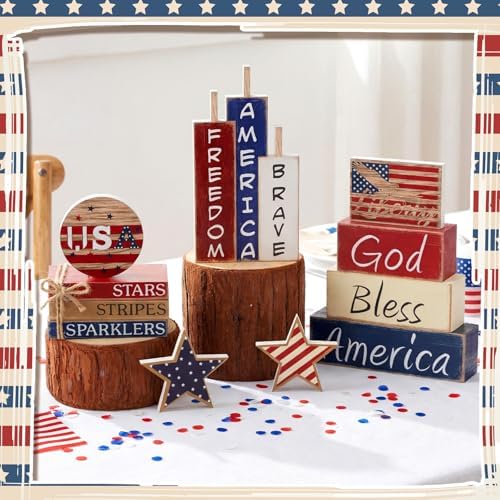 Vercraft 11 Pcs 4th of July Table Decorations Set Patriotic Tiered Tray Decor Set Blue Red White Table Centerpieces Sign for 4th of July Office Home Shelf 250th Anniversary - Image 5